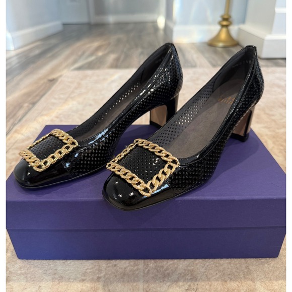 Stuart Weitzman Shoes - Stuart Weitzman Black Perforated Patent Leather Chain Buckle Block Heel Pump, 5